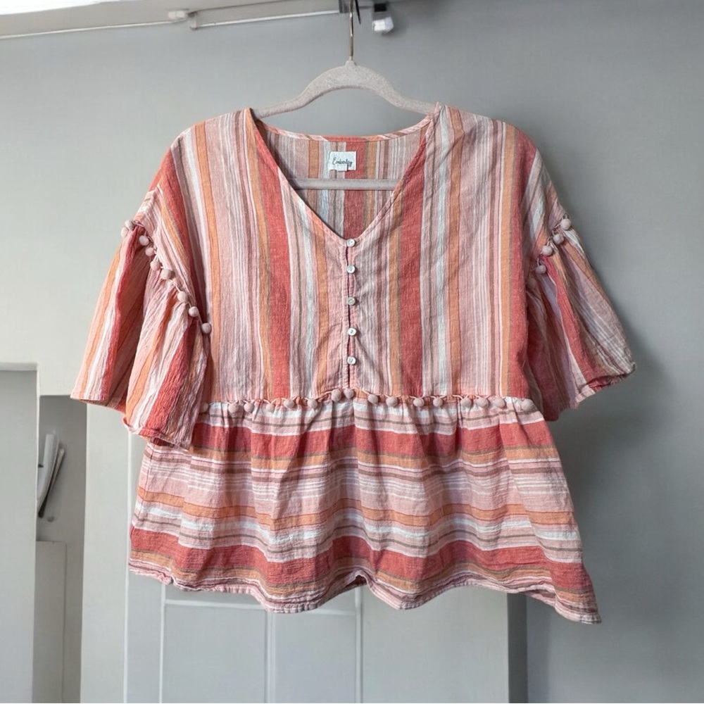 Striped V-Neck Buttoned Women's Top